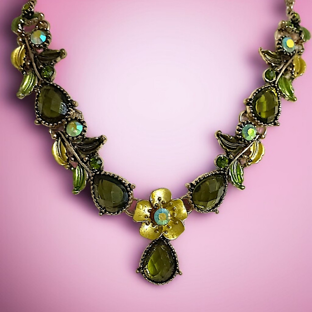 Vintage Rhinestone Floral Leaf Necklace Y Drop Green Gold MCM Fairy‎ Whimsigoth - Picture 13 of 16